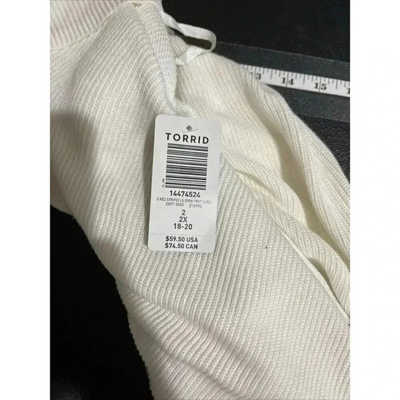 Torrid Red Stripe Open Front Cardigan Womens 2X Cream Knit Sweater Mid Length - Picture 5 of 10